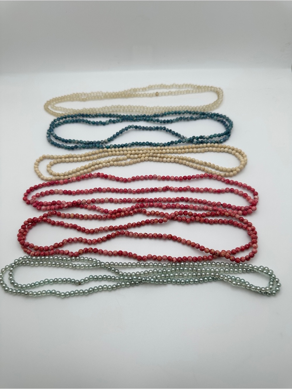 Classic Multicolor Beaded Necklace Set of Five - Red, Teal, Cream, Pearl, Silver - Picture 1 of 10